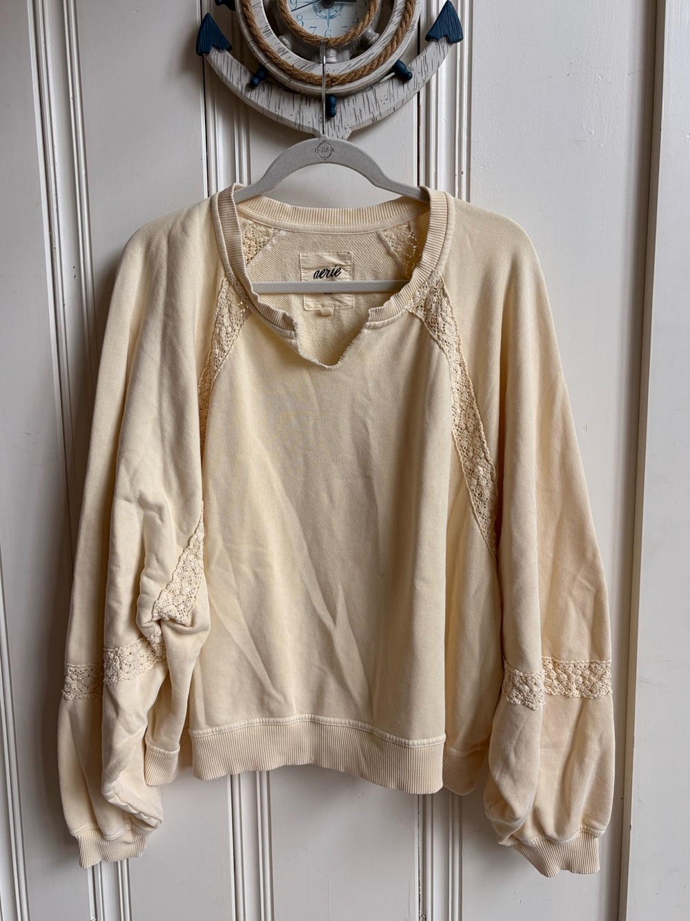 aerie Cream yellow Lace-Panel Scoop Pullover XL